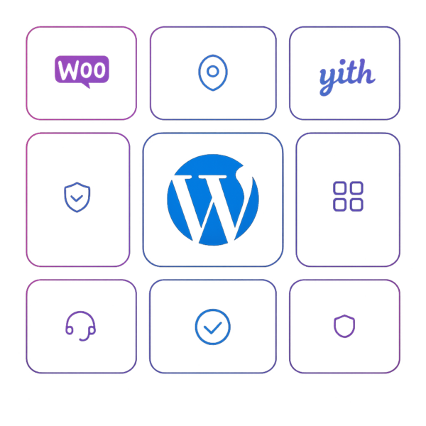 WordPress, WooCommerce, YITH and security plugin logos
